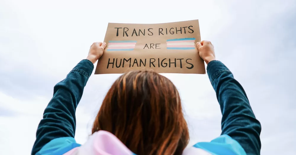 This article is about legal gender recognition in Hungary. In the photo, a person holding a sign reading "trans rights are human rights".