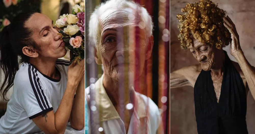The image shows a split screen of three of the photos banned from under-18s at the World Press Photo Exhibition in Hungary. The three images show older LGBTQ+ people from the Philippines in drag.