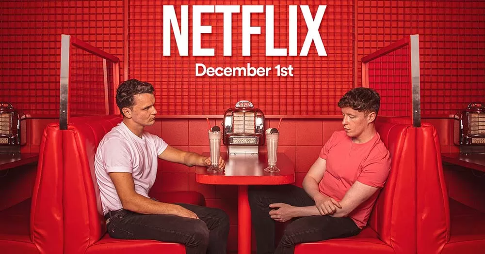 Poster for How to Tell A Secret film shows to men sitting across from each other in red booth with Netflix printed above them.