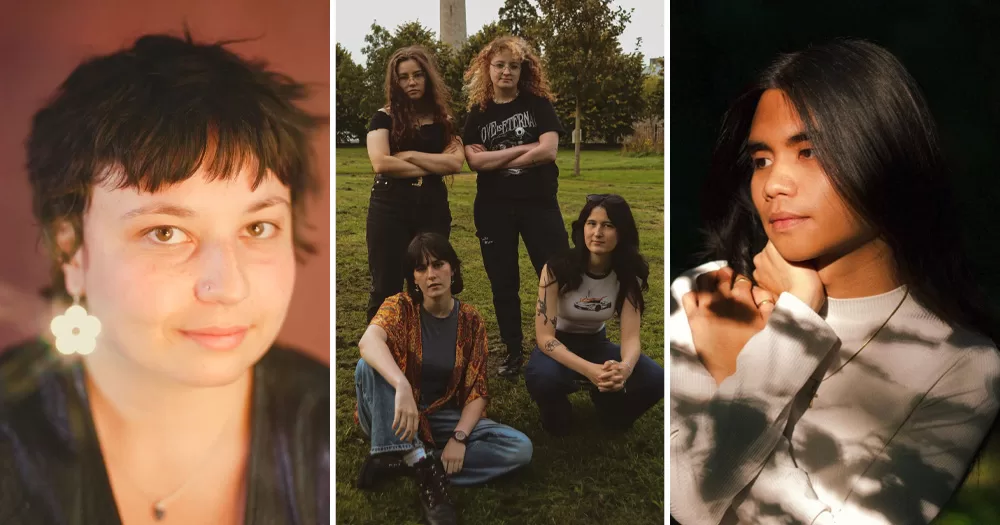 Split screen of queer musicians who have released music this winter. Left is Lunasa, middle is Martina and the Moons and right is Ylroy.