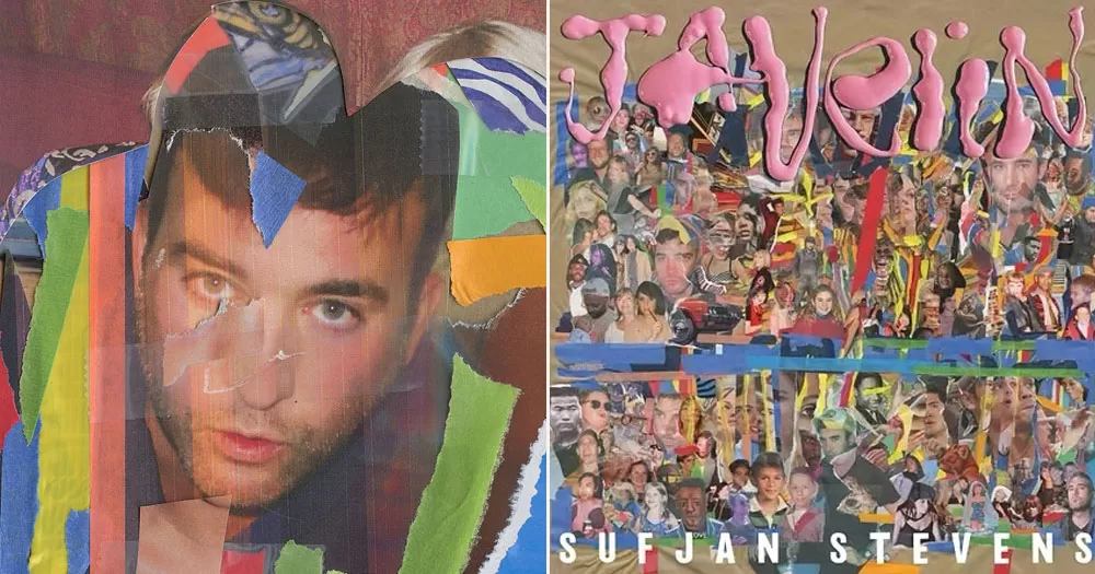 The image shows a split screen of a graphic portrait of Sufjan Stevens and the cover of his new album. The portrait is a headshot of Stevens looking upwards. It is overlaid on a collage of coloured paper. The album cover is a collage of multiple headshots of Stevens and others with the word "Javelin" scrawled across it in yellow oil paint.