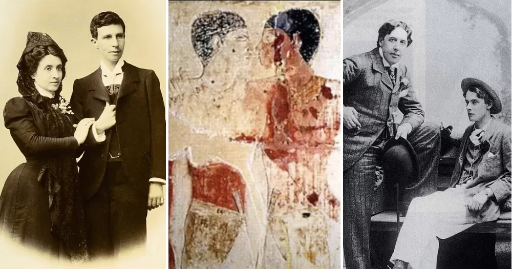 Historic same-sex couples. From left to right, period photographs of Marcela Gracia Ibeas and Elisa Sanchez Loriga, a painting of Khnumhotep and Niankhkhnum, Oscar Wilde and Lord Alfred Douglas.