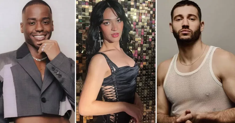 From left to right, portraits shots of LGBTQ celebrities who came out in 2023 (Ncuti Gatwa, Miss Benny, Alexander Lincoln).