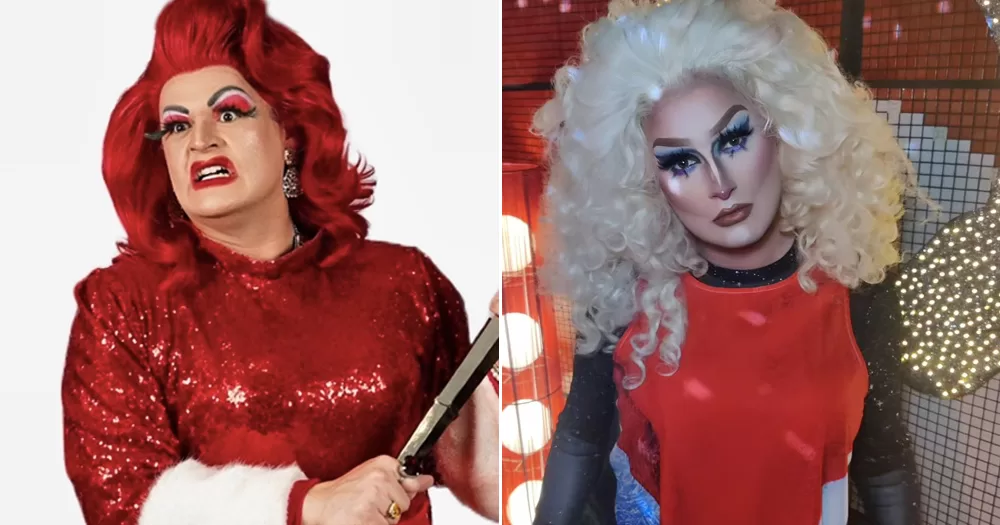 Splitscreen of two drag queens who released Christmas albums: Dame Stuffy on the left and Ariana Grindr on the right.