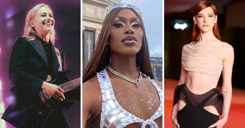 Split screen of three queer artists who are calling for a ceasefire in Gaza. Left is Phoebe Bridgers, middle is Shea Couleé and right is Hari Nef.