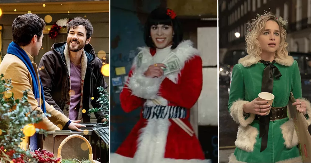 From left to right, screencaps from queer Christmas films 'The Christmas Setup,' 'Rent,' and 'Happiest Season'