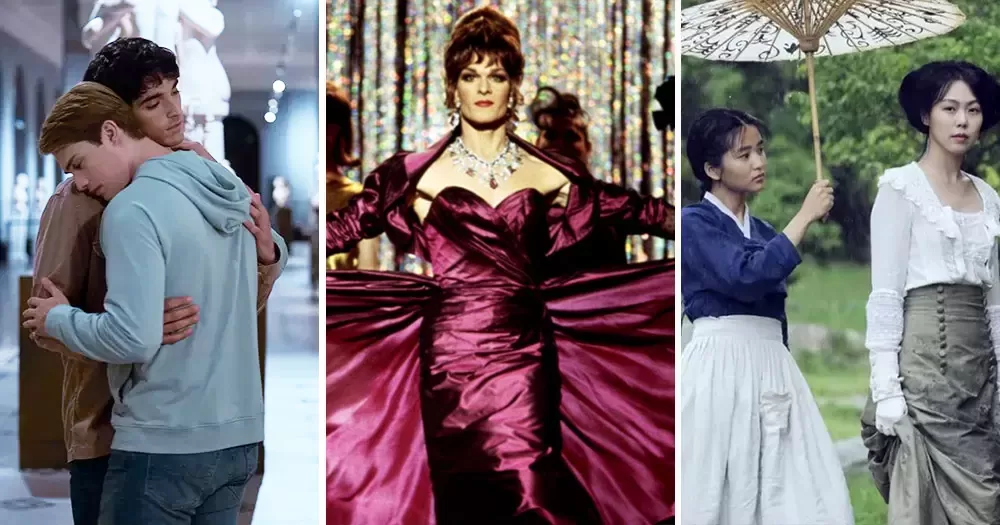 Screenshots from LGBTQ+ movies with happy endings, including To Wong Foo, Thanks For Everything! Julie Newmar, The Handmaiden