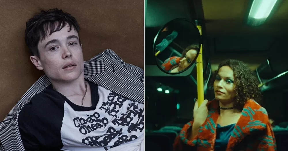 Split screen of short film An Avocado Pit, with trans actress Gaya Medeiros standing in a bus, and executive producer Elliot Page.