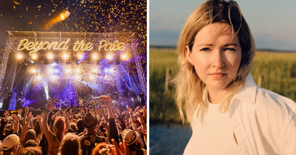 Split screen of Beyond The Pale and Ailbhe Reddy. Left shows the Beyond The Pale stage with confetti falling from the sky and crowds of people with their hands in the air. Right shows Ailbhe Reddy from the shoulders up wearing a white shirt over a white T-shirt and her blonde hair blowing slightly in the wind.