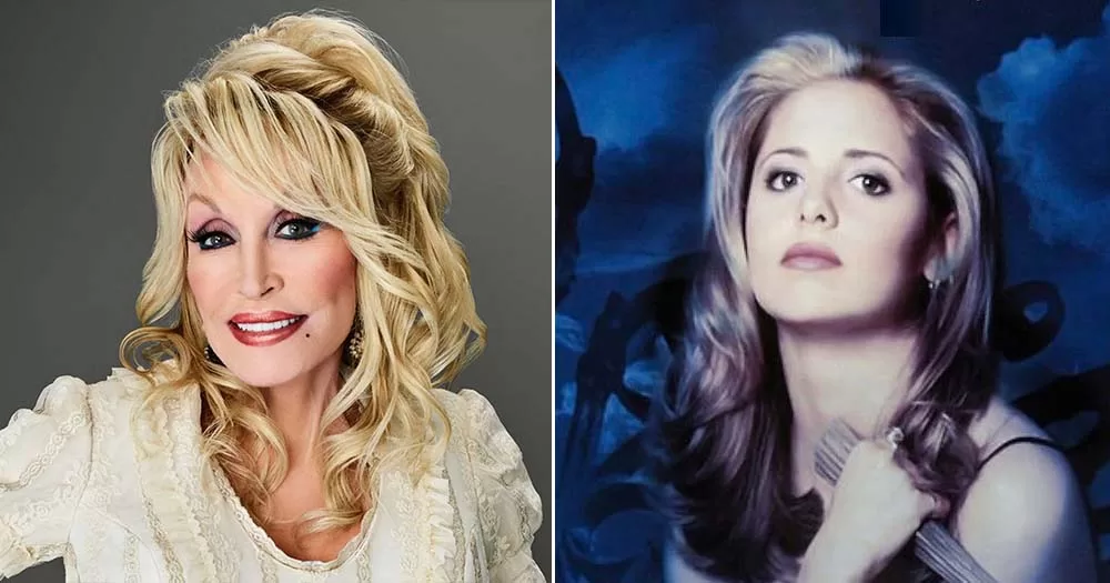 Side by side photos of Dolly Parton and Sarah Michelle Gellar who played Buffy the Vampire Slayer