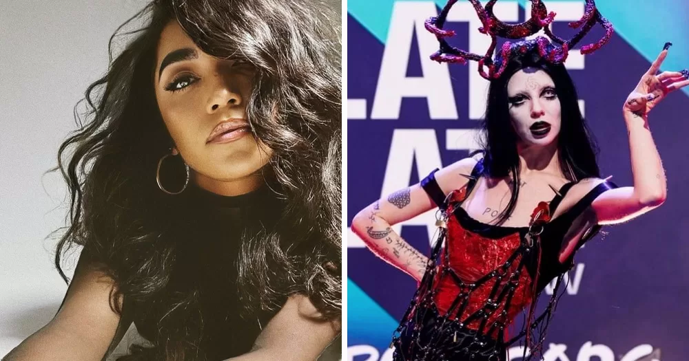 Split screen of Eurovision hopefuls Erica-Cody and Bambie Thug. Left is Erica, photographed lying on her stomach on a white floor with her head lifted up and looking at the camera. Right is Bambie, photographed from the stomach up wearing an elaborate red and black costume.