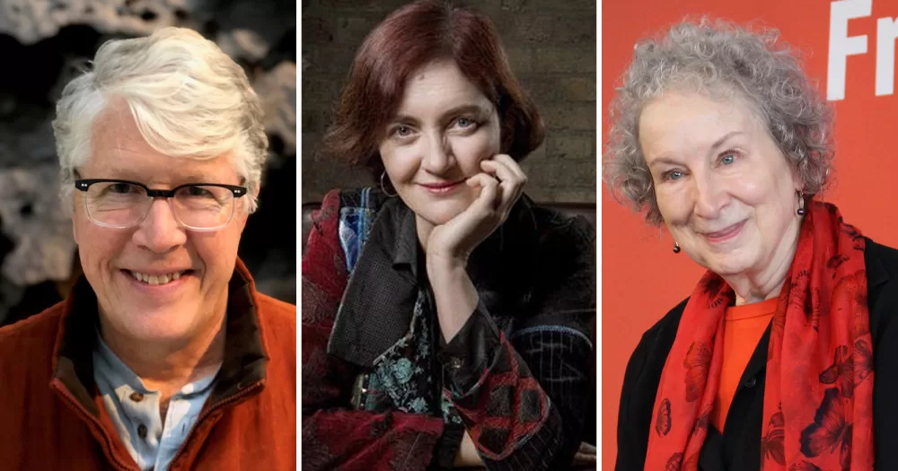 Split screen of three of Fourteen Days' authors. Left is Douglas Preston, middle is Emma Donoghue, right is Margaret Atwood.