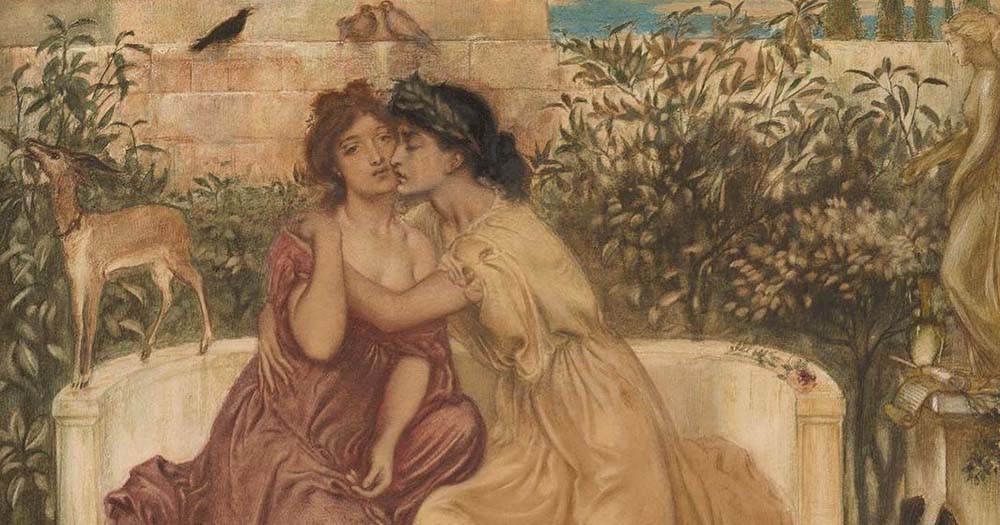 Painting depicting Sappho and Erinna sititng in garden as an example of ancient LGBTQ+ texts.