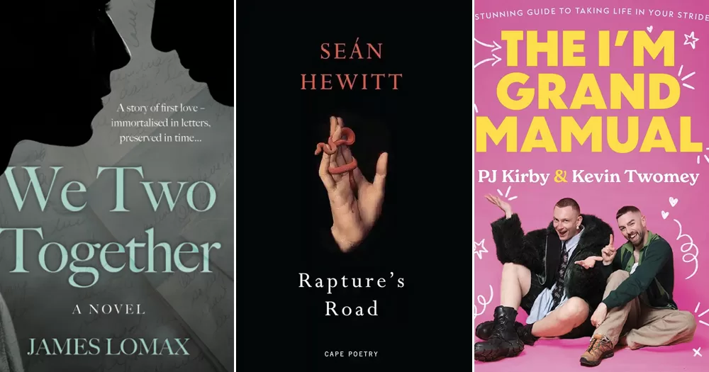 Three covers of queer books: 'We Two Together', 'Rapture's Road' and 'The I'm Grand Mamual'.