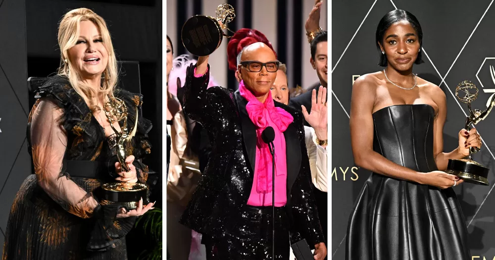 Split screen of three queer favourite Emmy award winners. Left is Jennifer Coolidge, middle is RuPaul and right is Ayo Edebiri.
