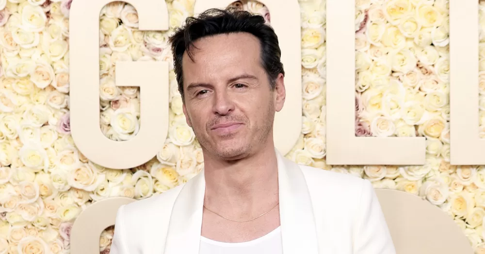 Irish actor Andrew Scott, who said we should stop using the term 'openly gay', at the Golden Globes, in a white suit.