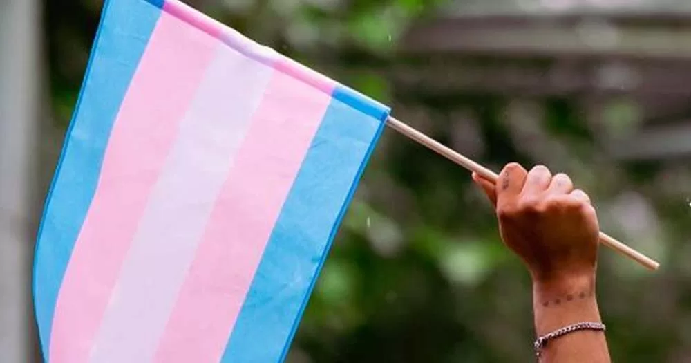 Photo of hand holding pink, white and blue trans Pride flag, article is about HSE trans healthcare.