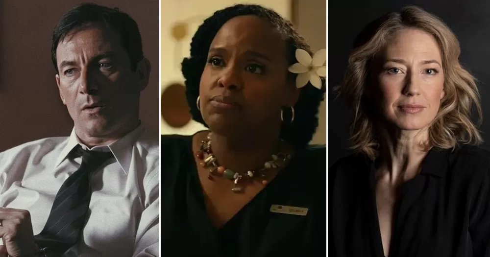 Split screen of actors who will be playing in season three of White Lotus, including Jason Isaacs, Natasha Rothwell and Carrie Coon.