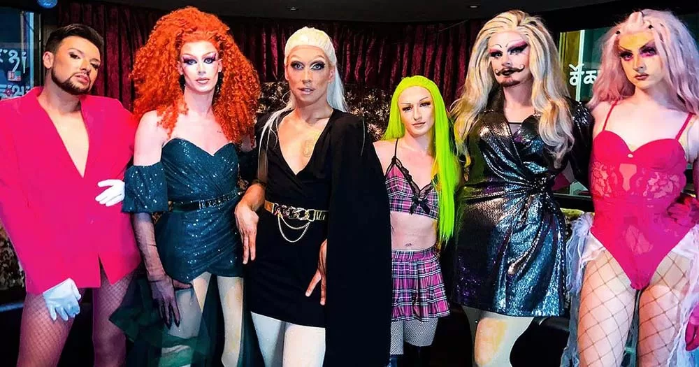 Photo of six drag artists posing in drag in advance of the Athlone LGBTQ+ club night.