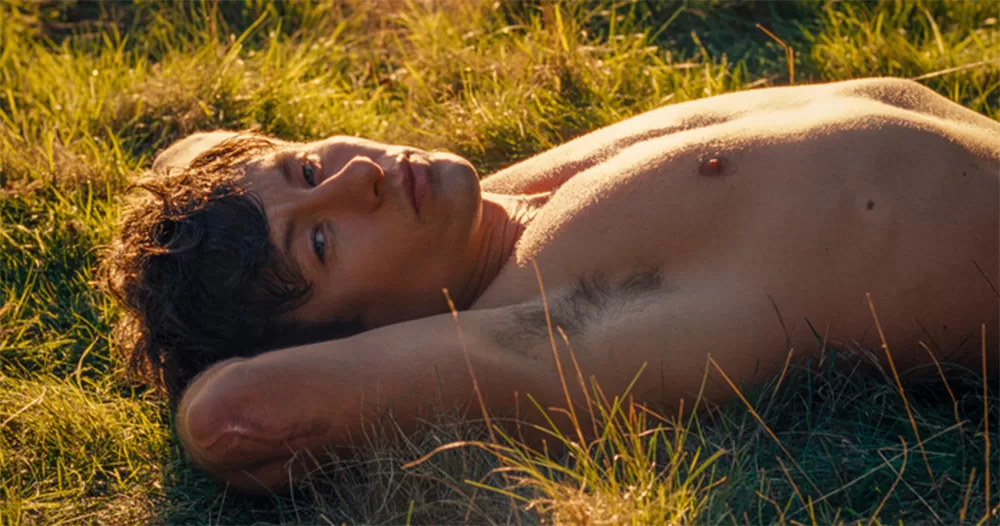 This article is about Barry Keoghan on the cover of Vanity Fair. The image is a still from Saltburn, showing Barry lying shirtless on the grass.