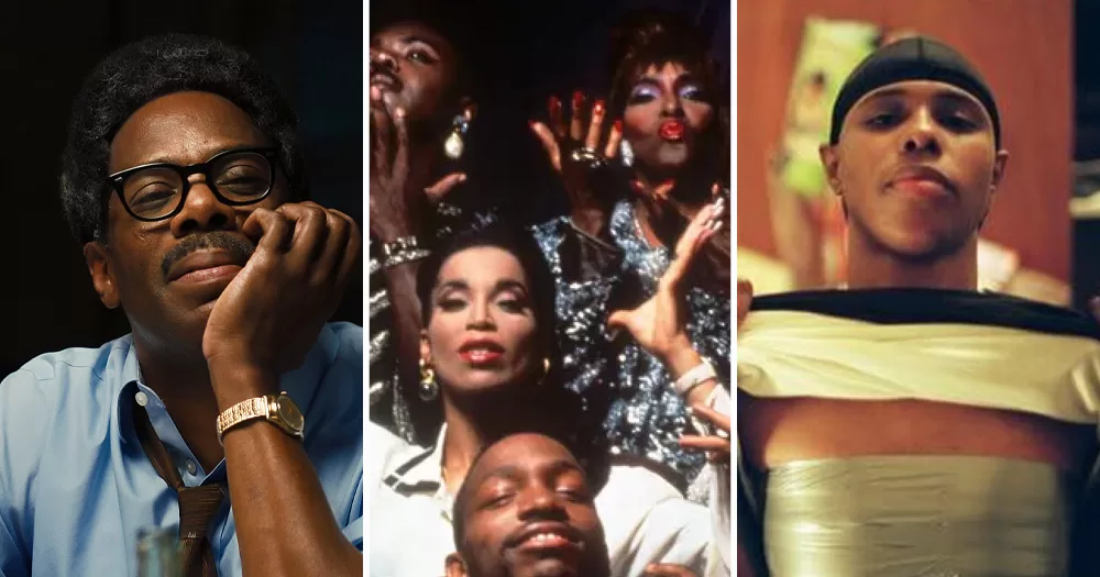 Split screen of stills from three Black queer history films. Left is Rustin, middle is Paris Is Burning, right is The Aggressives.