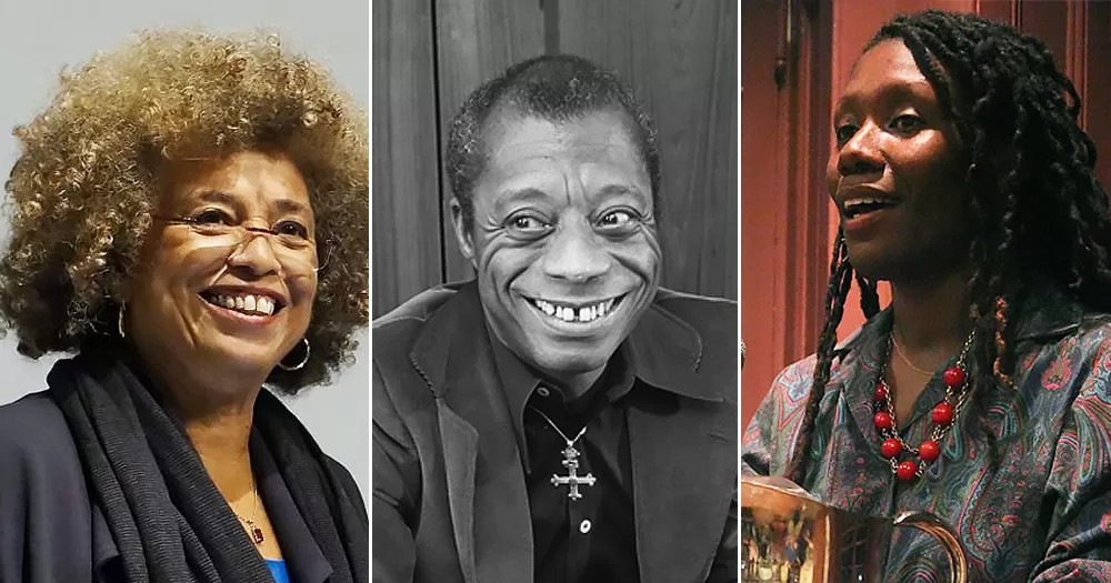 A split screen of three black queer authors, from left to right: Angela Davis, James Baldwin, Nicole Dennis-Benn