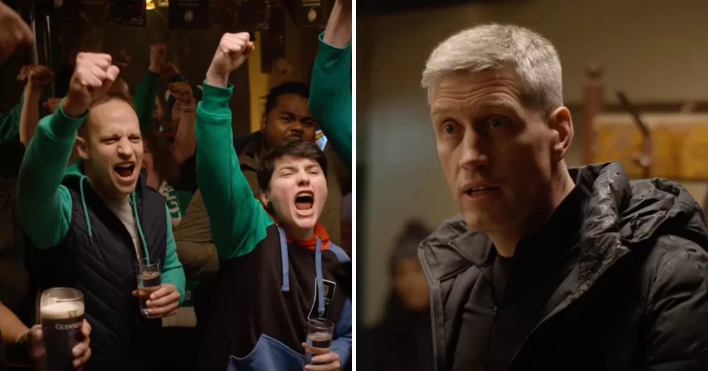 Split screen of Emerald Warriors members and Ronan O'Gara in a new ad promoting the Guinness Six Nations. Left are members of the Warriors cheering with their fists in the air. Right is a close up shot of O'Gara.