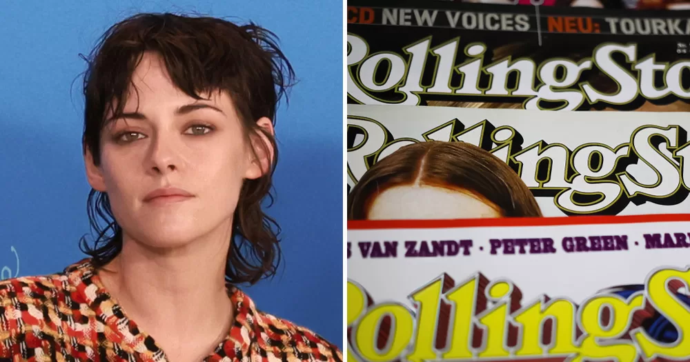 A split screen of Kristen Stewart and Rolling Stone magazines. Left is a portrait of Kristen Stewart in front of a blue background, right is three Rolling Stone magazines laid out on top of each other.