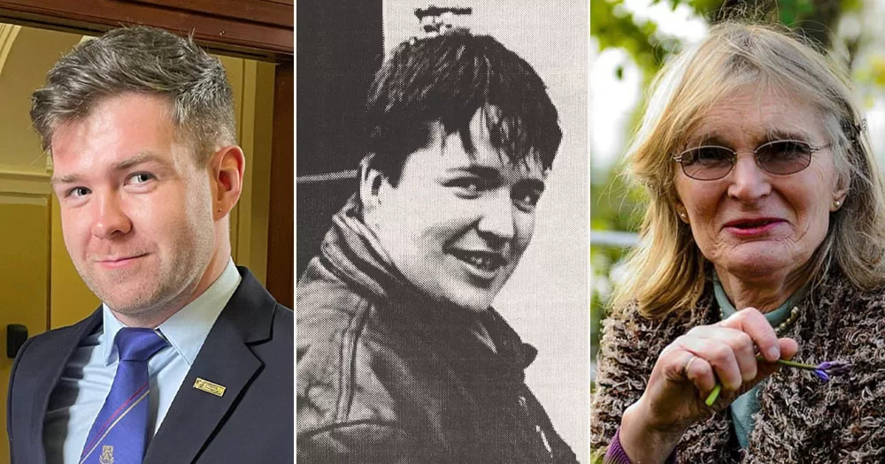 The image shows a three-way split of three of Ireland's LGBTQ+ firsts. On the left is Tomás Heneghan. He is wearing a navy blazer with a blue shirt and navy tie. In the middle is a black and white newspaper photo of Donna McAnallen. She has short cropped hair and is wearing a leather jacket. On the right is Dr Lydia Foy. She is holding a bluebell flower in her hand and is wearing dark glasses.
