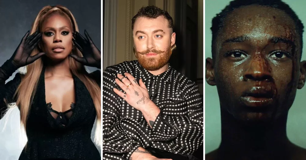 Three LGBTQ+ pop culture icons. Left is Laverne Cox, middle is Sam Smith and right is Moonlight actor Ashton Durrand Sanders.