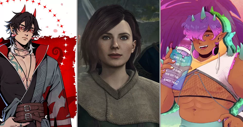Split screen of three LGBTQ+ video games releasing in 2024. From left to right, character art from 'TOUCHSTARVED,' 'Dragon's Dogma II,' and 'Spirit Swap: Lofi Beats to Match-3 To.'