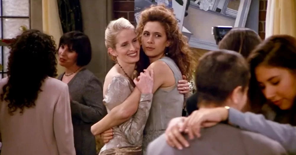 Carol and Susan on their wedding day in the Friends episode 'The One with the Lesbian Wedding'.
