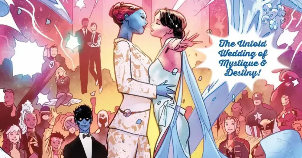 Cover image of Marvel's upcoming Pride comic X-Men: The Wedding Special. It shows characters Mystique and Destiny about to kiss at their wedding ceremony.