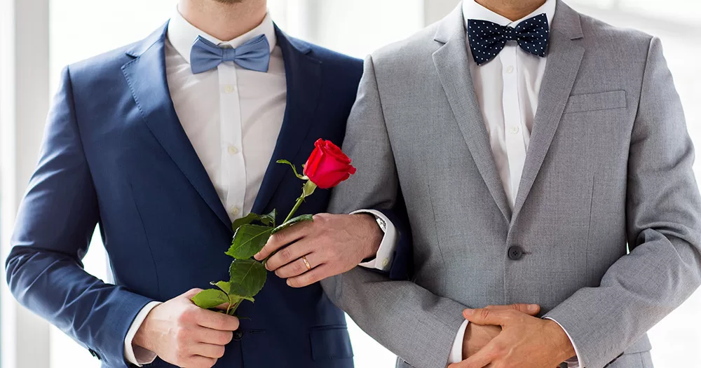 This article is about same-sex marriage in Northern Ireland. The image shows the torsos of two men, dressed in suits. The man on the left wears a navy suit and holds a rose in his hands, the man on the left wears a grey suit. The pair are linking arms.