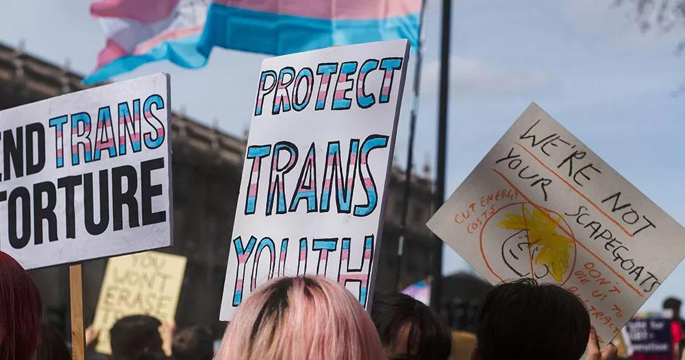 This article is about the HSE beginning clinical trials for trans youth using puberty blockers. The image shows a sign held up at a protest, reading: "Protect trans youth".
