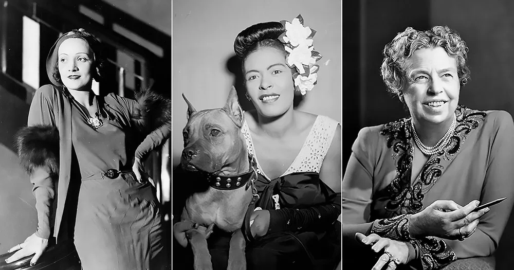 The picture shows three women who's personal stories saw the erasure of their queer identity. From left to right: Marlene Dietrich, Billie Holiday, Eleanor Roosevelt.