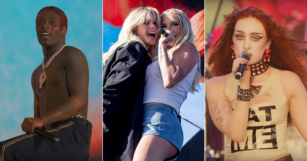 The picture shows queer artists performing at Coachella. From left to right: Lil Uzi Vert, Renée Rapp and Kesha, Chappell Roan.