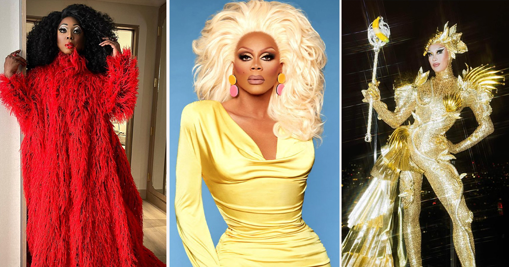 Images of RuPauls Drag Race winners Bebe Zahara Benet and Nymphia Wind on either side of RuPaul.