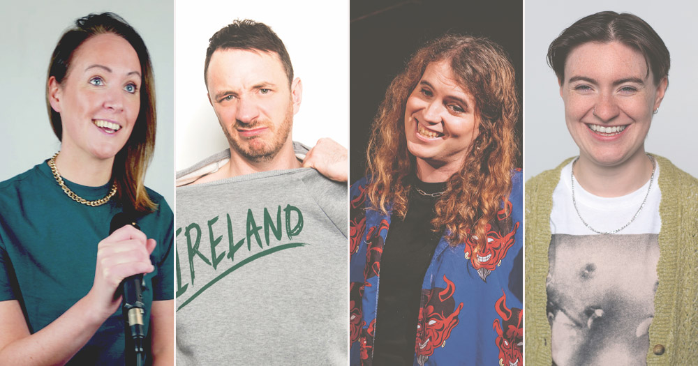 Split screen of queer comedians in Ireland, including Kate Feeney, Allie O’Rourke, Gearoid Farrelly and Aoife Sweeney O’Connor.