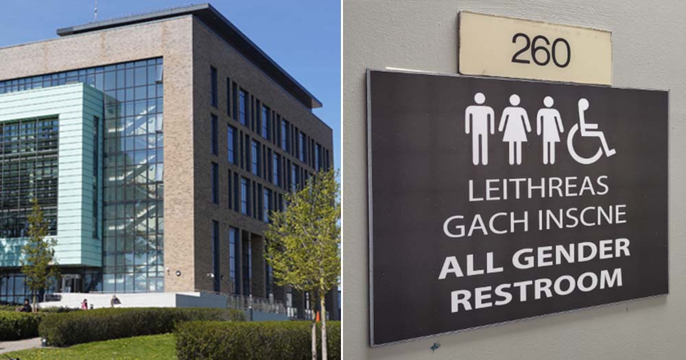 A split screen of TU Dublin and the signage on its gender-neutral bathrooms.