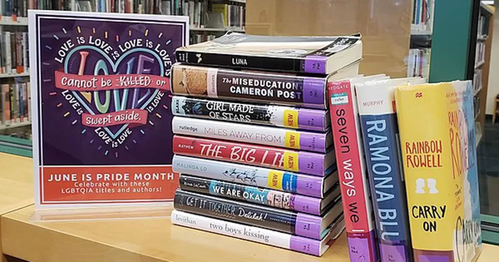 A stack of young adult queer fiction books on a shelf.