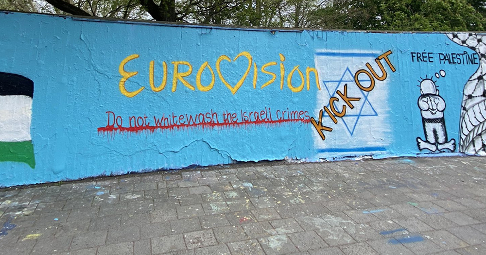 A mural calling for a Eurovision boycott as alternative Eurovision parties are organised in Ireland to protest Israel's participation.
