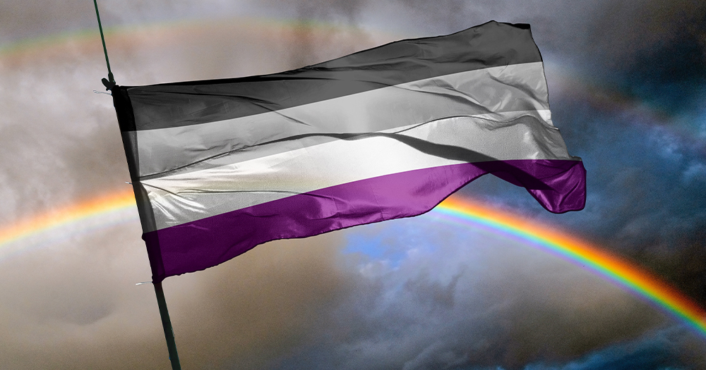 This article is about being asexual and sex positive. In the photo, an asexual flag.