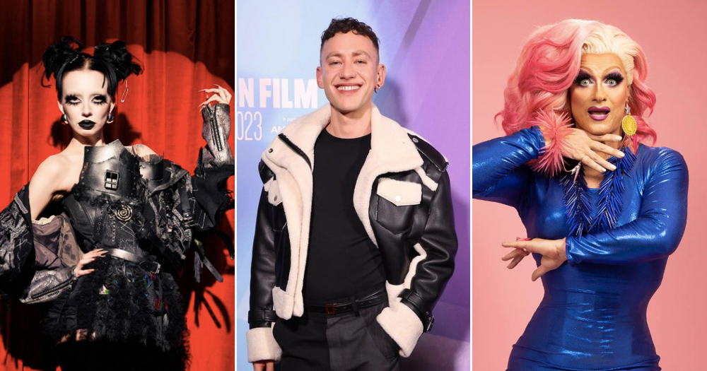 From left to right, portrait images of queer celebrities Bambi Thug, Olly Alexander, and Panti Bliss.