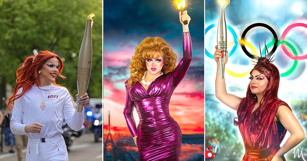 Three side-by-side photos of drag queens carrying the torch for the 2024 summer Olympics