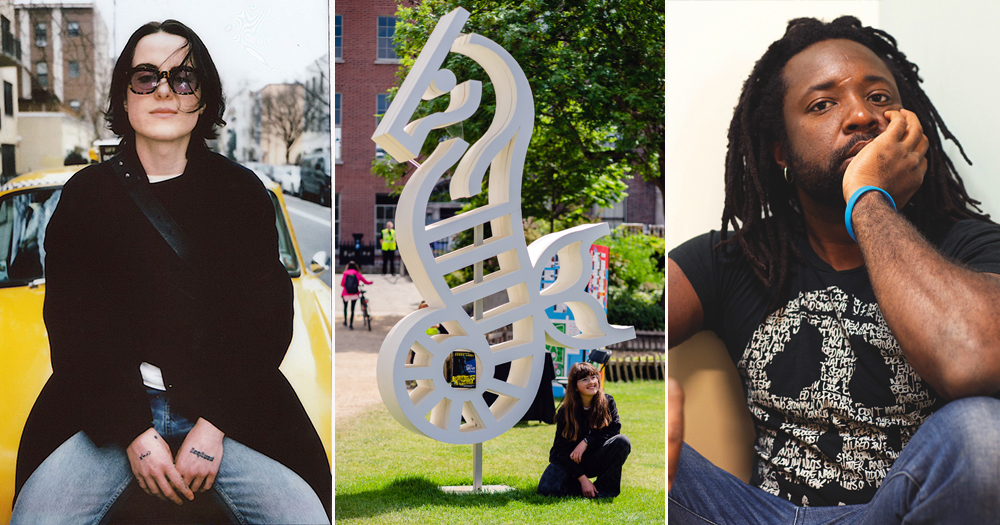 Photos from the 2024 International Literature Festival Dublin 2024, with a statue of their logo and two participating authors.
