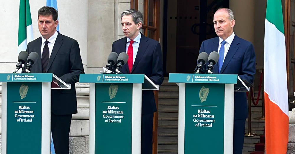 Announcement that Ireland is recognising the State of Palestine, with Simon Harris and two other politician speaking to the media.