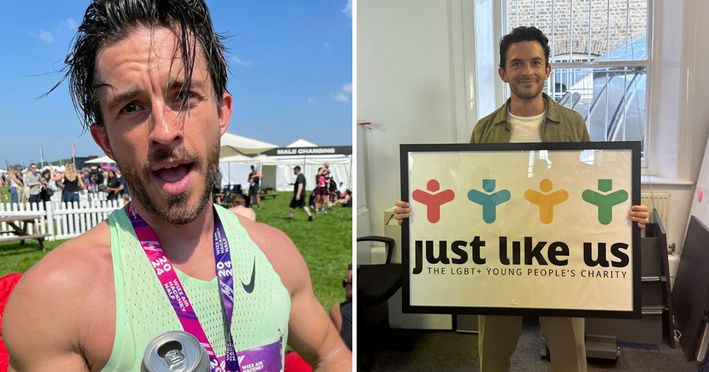 Split screen. Left is Jonathan Bailey posing for a photo after he ran a half marathon. Right is Jonathan Bailey posing with a sign for LGBTQ+ youth charity Just Like Us.