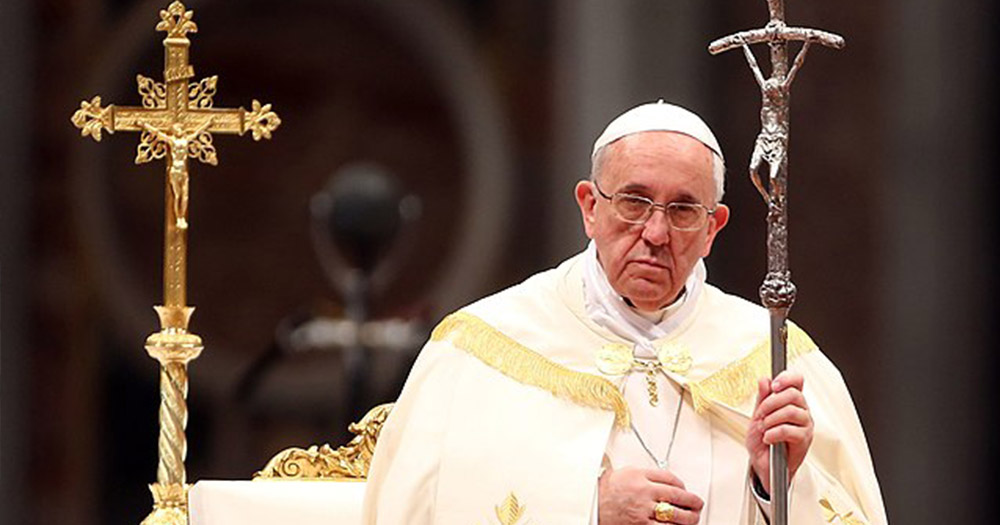 Pope Francis with the papal ferula used by John Paul II