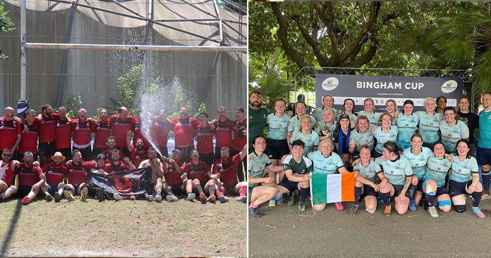 Side-by-side team photos of Cork Hellhounds and Emerald Warriors who made historic débuts during the International Gay Rugby World Cup